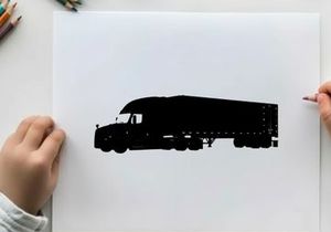 Black silhouette of a large semi truck on white background