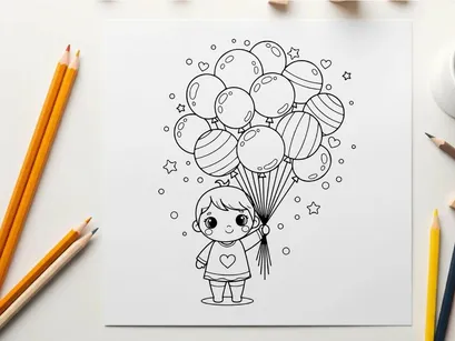 Child holding colorful balloons vector illustration flat design