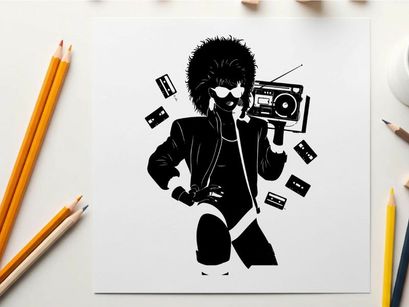 Retro silhouette of a woman with a boombox and cassette tapes