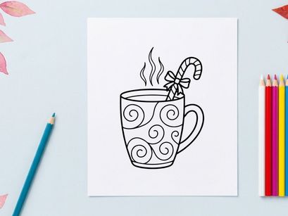 Christmas mug with candy cane line art illustration for holiday coloring page activity