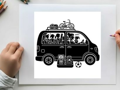 Silhouette of a family's road trip adventure with bicycle and soccer ball