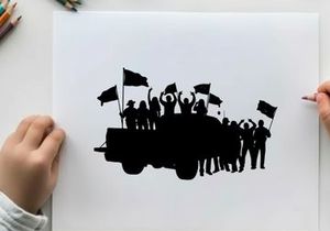 Silhouette of people on a truck waving flags in celebration