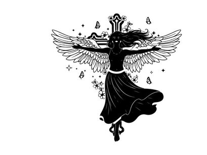 Silhouette of a mystical winged woman with flowing hair silhouette