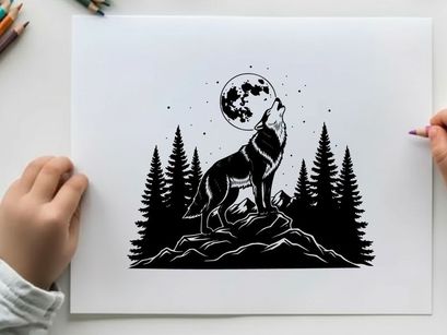 Wolf silhouette howls at full moon in forest silhouette
