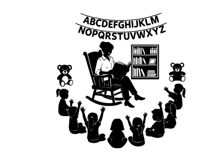 Silhouette of teacher reading to children in classroom with alphabet