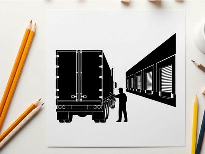 Silhouette of a man standing next to a truck at a warehouse dock