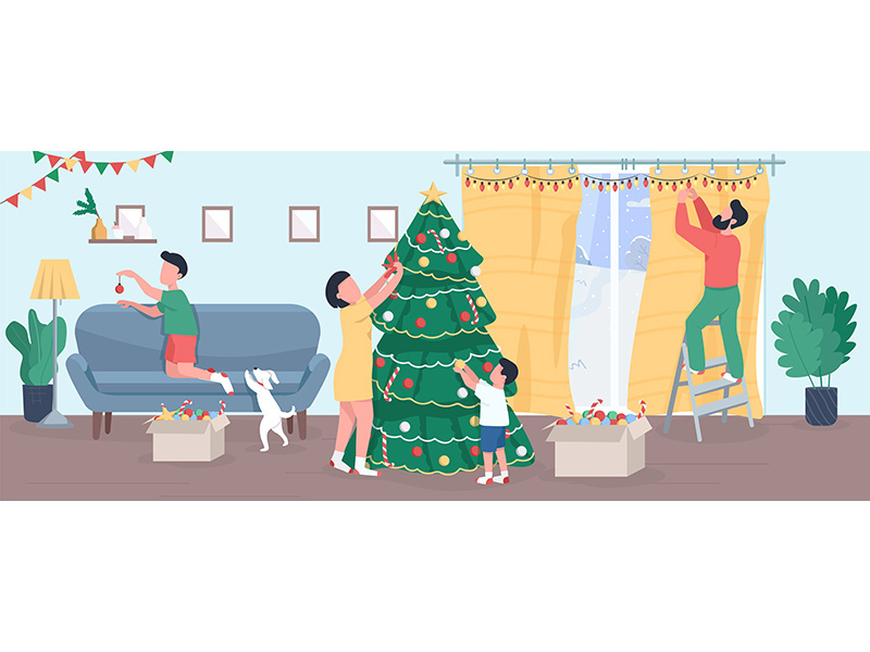Family decorate Christmas tree semi flat vector illustration
