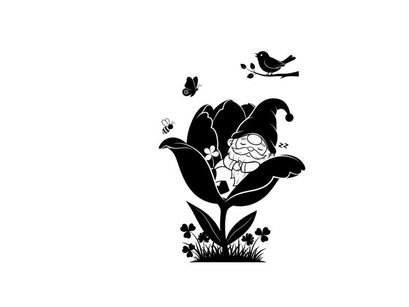 Silhouette of a smiling gnome in a flower with a bird and butterflies