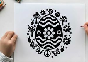 Black and white silhouette easter egg surrounded by flowers and symbols