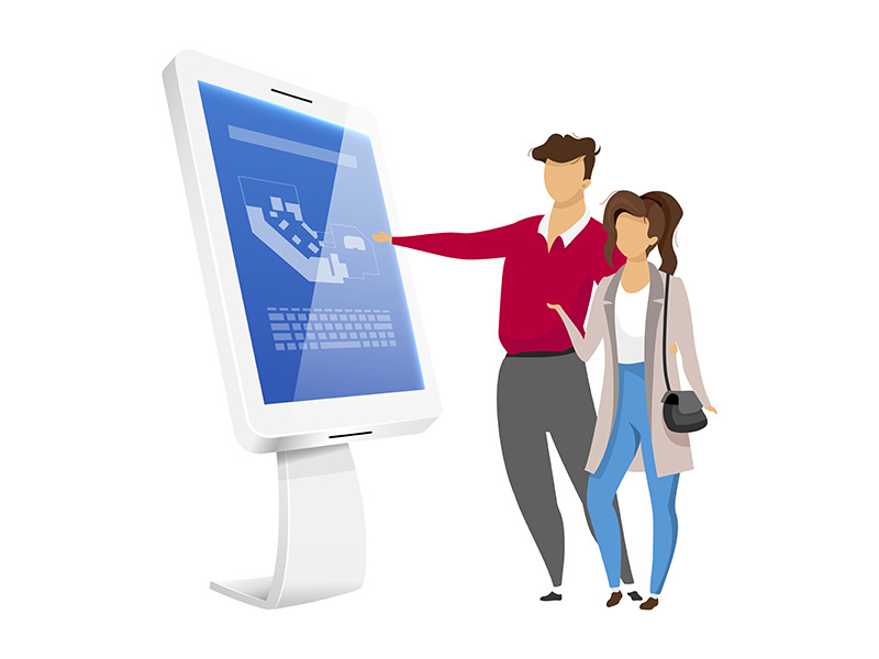 People and information kiosk flat color vector faceless characters