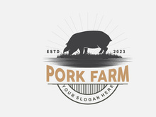 Pig Logo, Grilled Pork Pig Simple Rustic Stamp, Livestock Cattle Vector