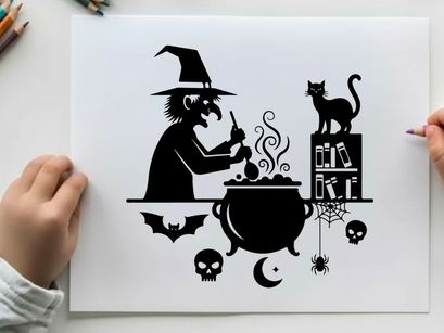 Silhouette of witch stirring cauldron with cat and halloween symbols