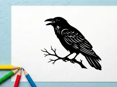 Ilustración de cuervo negro en rama para diseño de naturaleza y vida silvestre