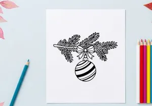 Christmas bauble hanging on a pine branch, festive holiday line art illustration.