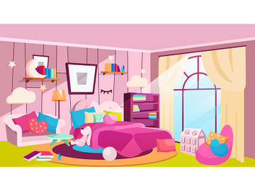 Girls bedroom at daytime flat vector illustration preview picture