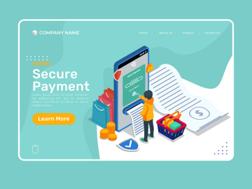 Isometric secure payment illustration with mobile phone preview picture