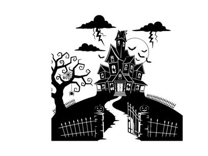 A silhouette of a spooky haunted house on a hill with clouds and bats