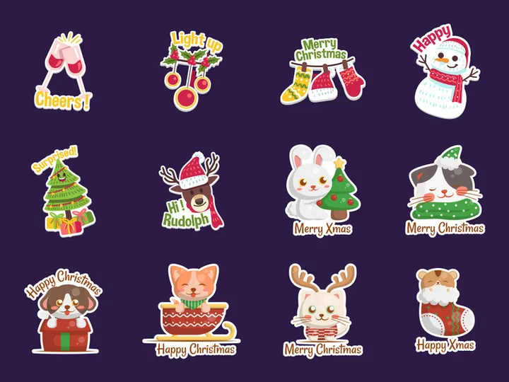 Cute doodle christmas stickers. Vector hand drawn images of candy, candles, star, gift, santa Claus hat, сhristmas cake, gingerbread. Merry christmas lettering.