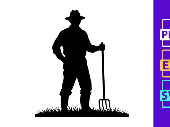 Rural Farmer with Pitchfork in Grass Silhouette