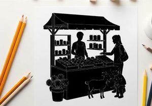 Silhouette of a market stall with vendor and customer