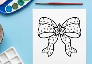 Christmas Bow with Star Icon, Festive Holiday Gift Ribbon Line Art Illustration