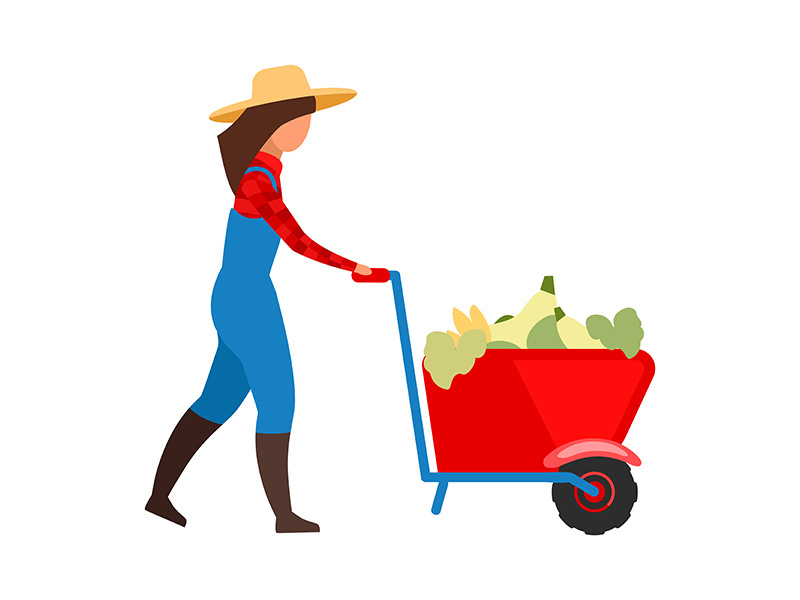Female farmer transporting vegetables in wheelbarrow flat vector illustration