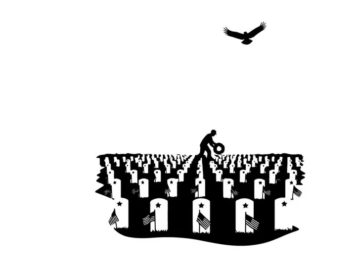 Silhouette of a person in a graveyard with a bird flying overhead silhouette