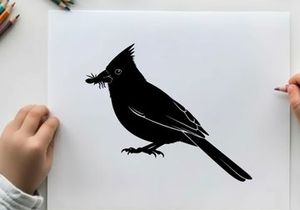 Silhouette of a cardinal bird with a bug in its beak