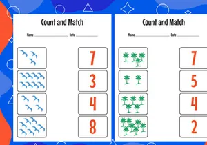 10 Pages Count and match with the correct number. Matching education game. Count how many items and choose the correct number