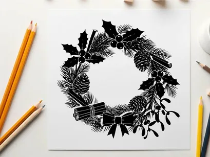 Vintage christmas wreath silhouette with ribbons and pinecones