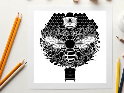 Silhouette of a bee in front of a honeycomb and beehive silhouette