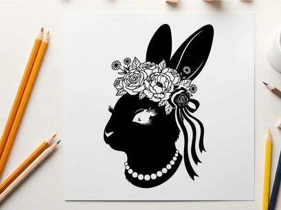 Silhouette of a rabbit wearing a floral headpiece and pearls