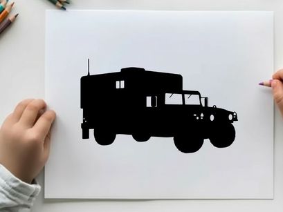 Silhouette of a large military truck with a boxy cargo area silhouette