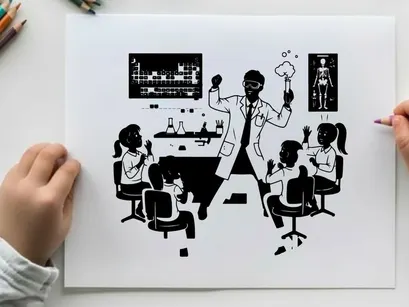 Silhouette of a teacher and students in a science classroom