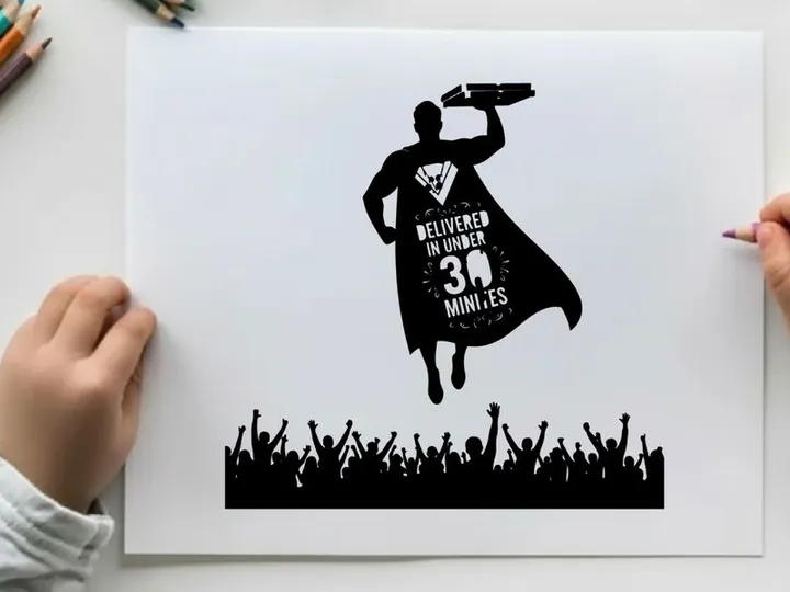Silhouette of a superhero delivering food in a cape