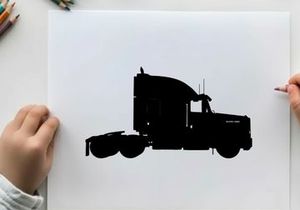 Silhouette of a semi truck against a white background