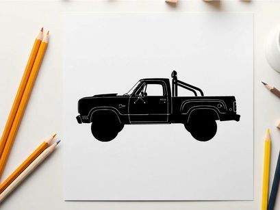 Silhouette of a classic pickup truck with large tires and roll bar silhouette