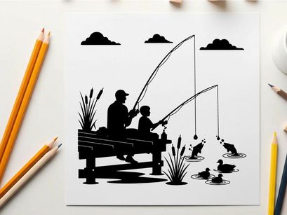 Silhouette of man and boy fishing together peacefully outdoors