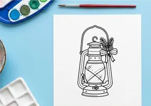 Christmas lantern line art illustration with pine branches and a festive holiday bow.