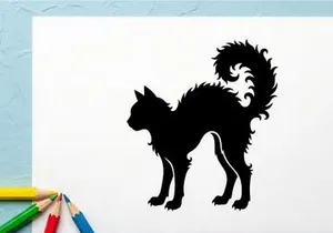 Silhouette eines neugierigen Katers mit flauschigem Schwanz auf weißem Hintergrund