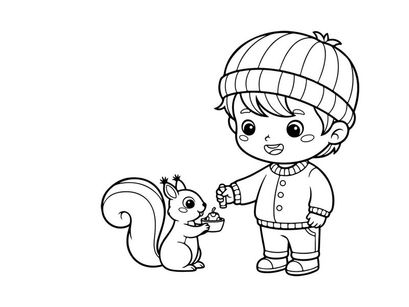 Boy feeding squirrel flat design vector illustration