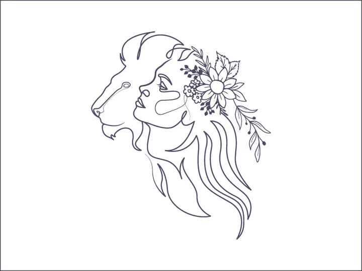 Line art portrait woman, Flower face one line vector illustration