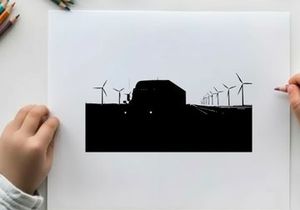 Silhouette of a truck driving past wind turbines on a highway