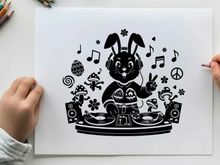 Groovy silhouette bunny dj spinning records with peace signs