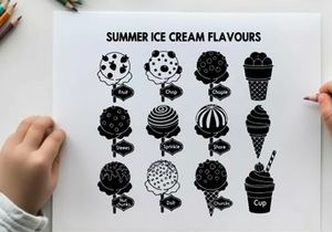 Silhouette of various summer ice cream flavors in black and white