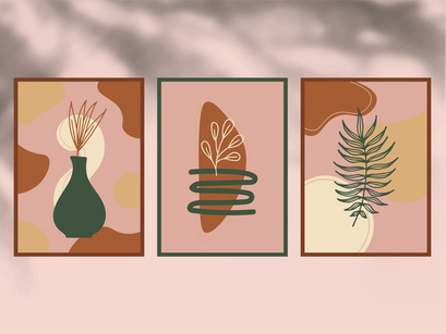 Abstract botanical poster set. Contemporary nature background set bohemian aesthetic, boho minimalist wall decor. Vector illustration.