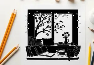 Cozy room interior with silhouette of tree and flowers by the window