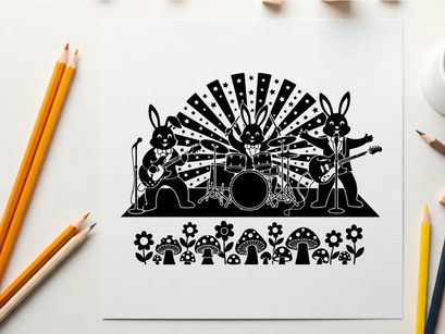 Silhouette of three rabbits playing music on stage with flowers and mushrooms