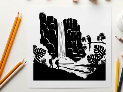 Silhouette of a tropical waterfall scene with hikers and a parrot