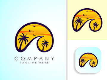 Beach logo design. Sun sunset sunrise with beach ocean sea water logo icon. preview picture
